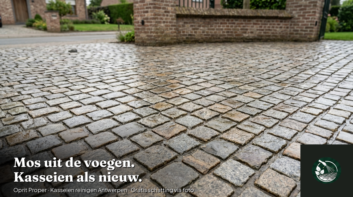 Kasseien reinigen Antwerpen — voor en na — Oprit Proper