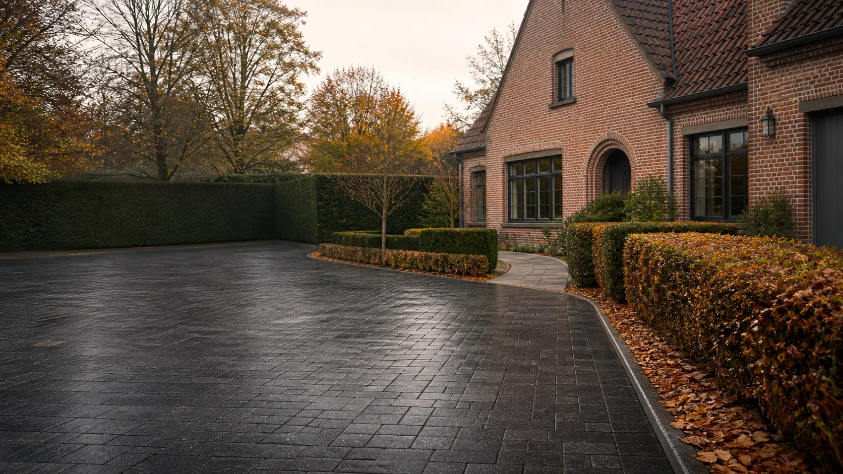 Bladeren opruimen op een oprit in de herfst