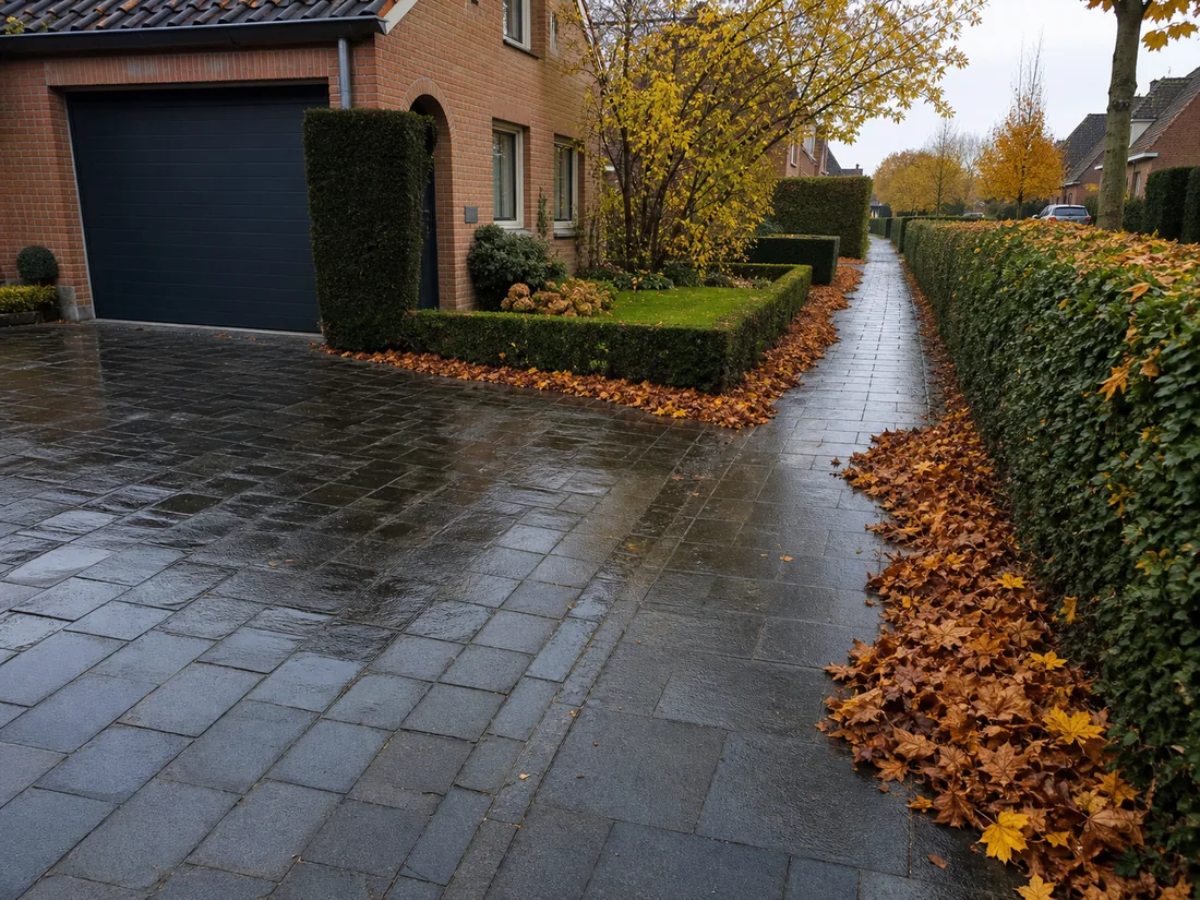 Bladeren verzameld naast een propere oprit