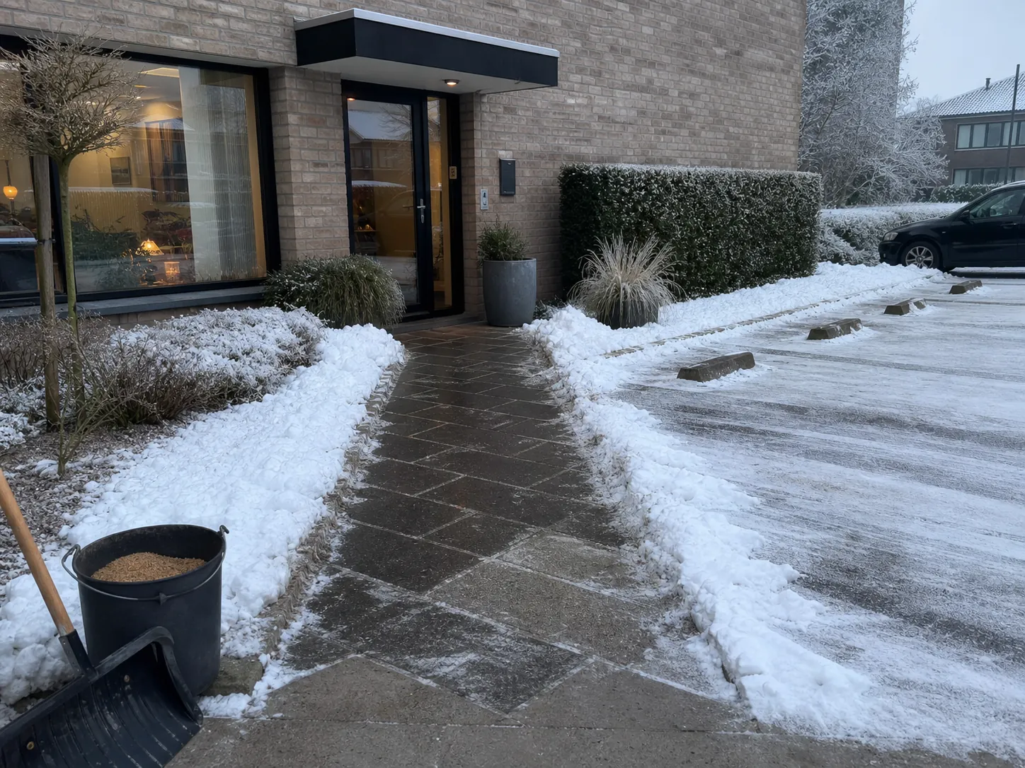 Sneeuwvrij gemaakte toegang bij een kleine zaak